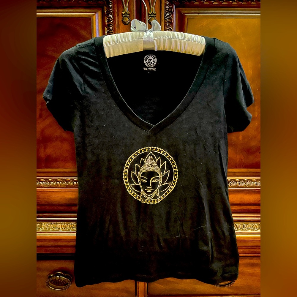 Aum-Couture gold beaded marled fabric yoga tshirt.